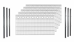 Hadra Doppelstabmattenzaun-Set SMALL mit Ornament Karo - Pfosten mit Halteplättchen - Elemente 2,0 m breit - Anthrazit