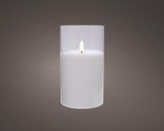 Kaemingk Wachskerze weiß/Glas rauchg. Ø7,5 cm-1L LED Batterie innen 6-h Timer