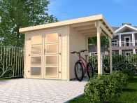 Weka Gartenhaus 321 Natur A - Holzmassivhaus mit Flachdach und Anbau, inkl. Doppeltür Milchglas