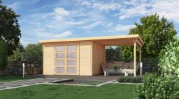 Weka Gartenhaus 321 Natur B - Holzmassivhaus mit Flachdach und Anbau groß, inkl. Doppeltür Milchglas
