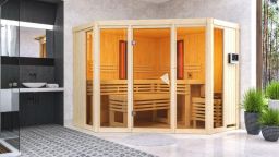 Karibu Multifunktions-Sauna Asta mit Infrarotstrahler naturbelassen - Eckeinstieg